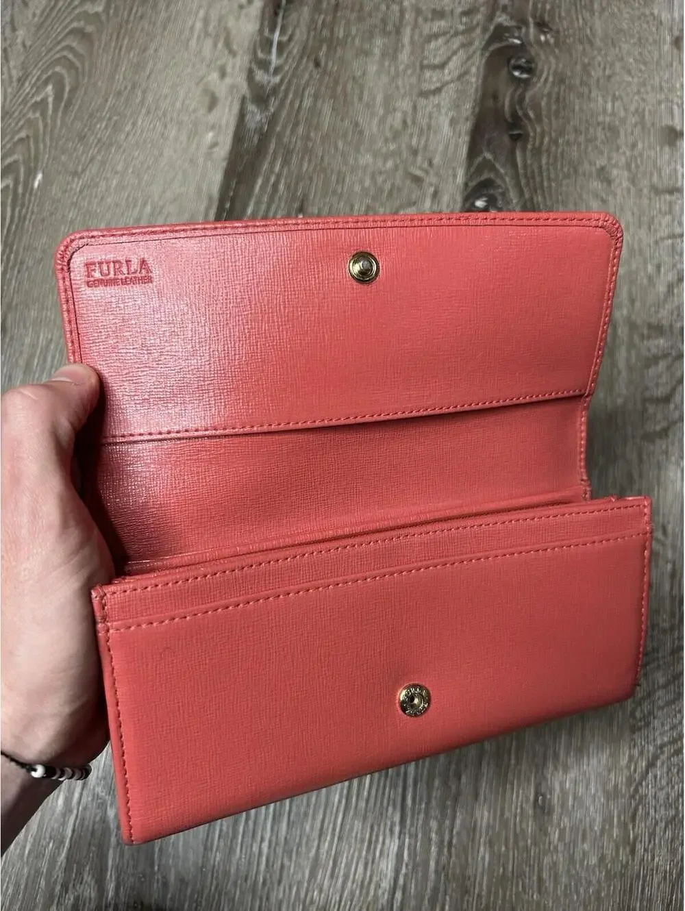 FURLA Leather Long Wallet Red/Coral Large Capacity Authentic